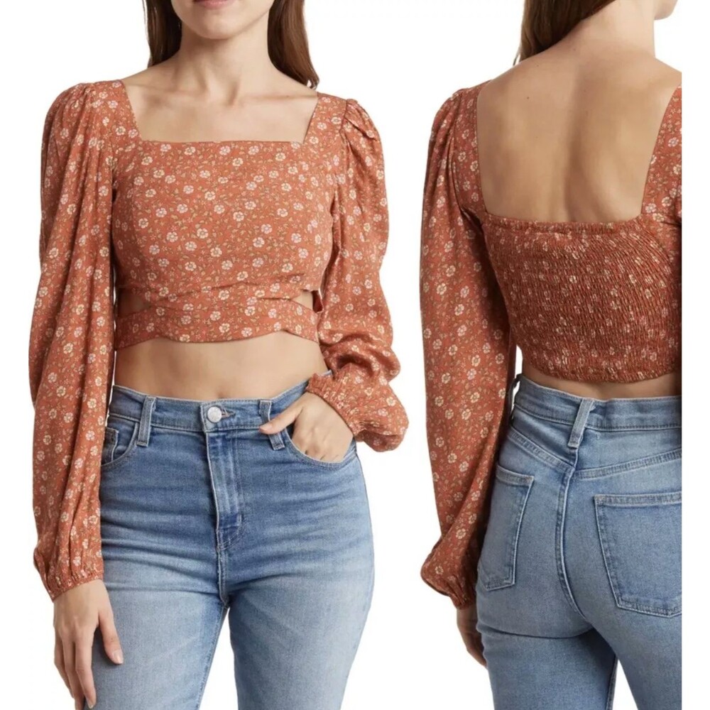 ELODIE Nordstrom Floral Print Cutout Crop Top L Orange Smocked Square Neck B25